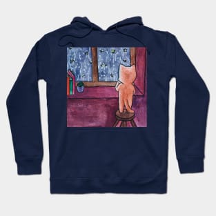 sad cat watching the rain illustration Hoodie